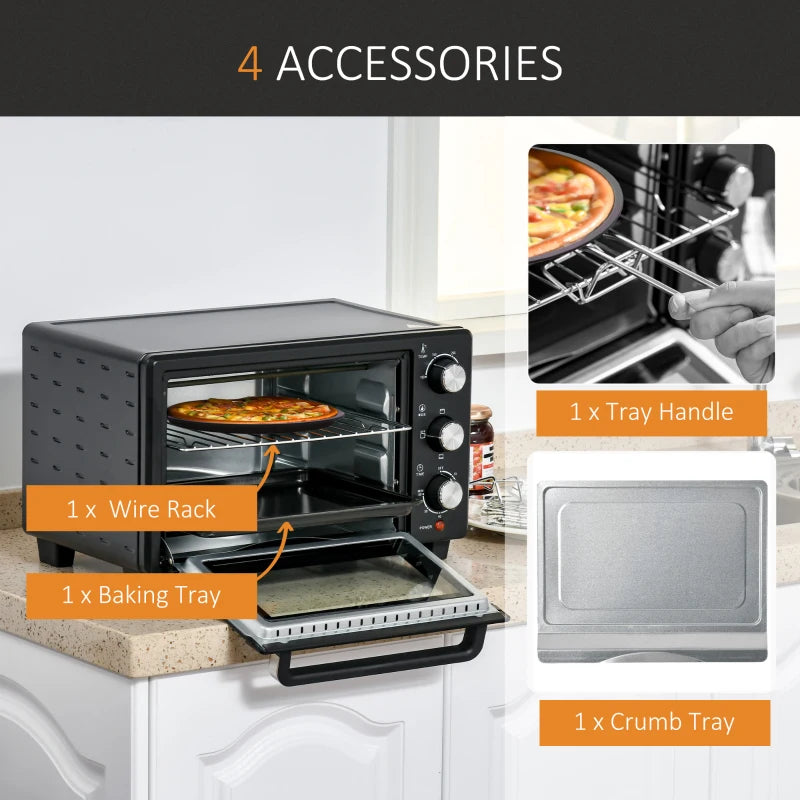 21L Mini Countertop Oven - Adjustable Temperature 100°C-230°C, Compact Black Design for Efficient Cooking
