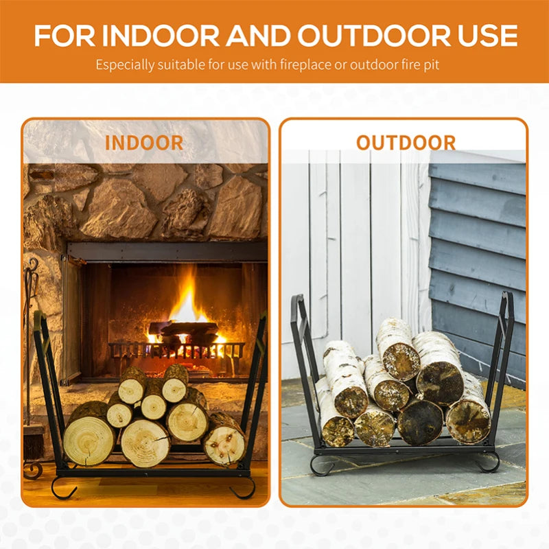 Metal Firewood Log Holder Rack - Indoor Outdoor Folding Fireplace Wood Storage Shelf, Rust-Resistant, Black, 48x34x37cm