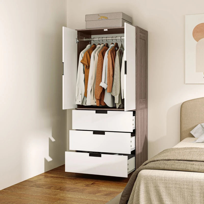 Stylish Two Door Wardrobe with Drawers for Bedroom Storage in White and Brown