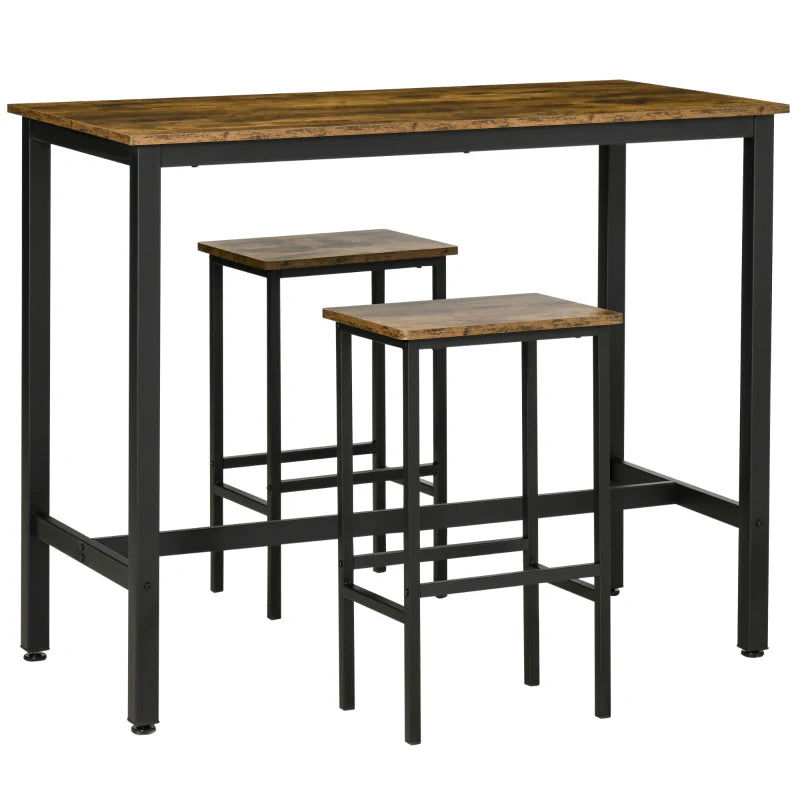 Rustic Brown 3-Piece Bar Table Set - 120x60cm Breakfast Table with 2 Stools for Kitchen & Living Room