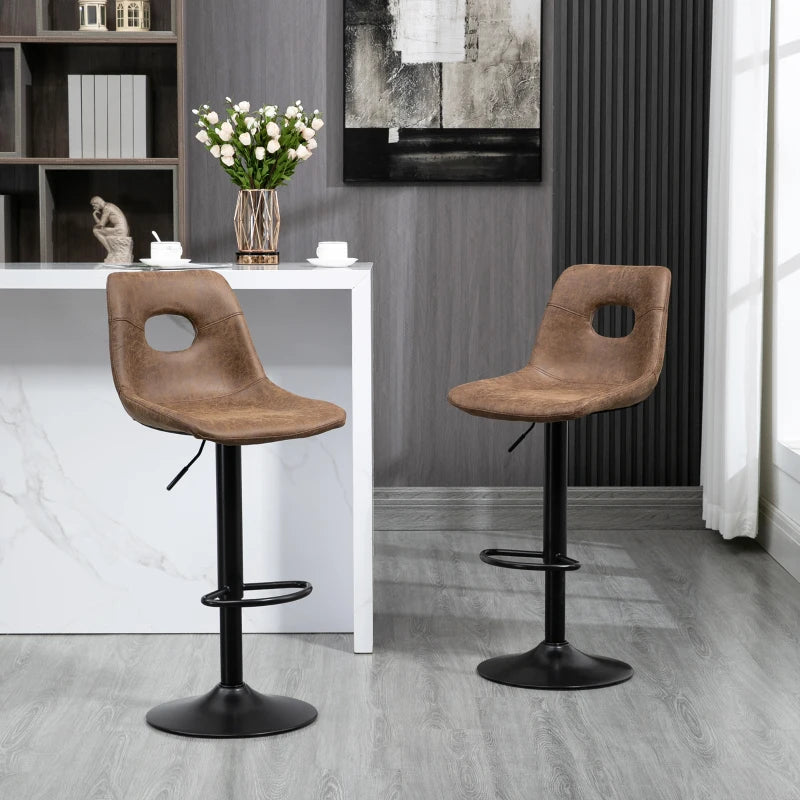 Adjustable Bar Stools Set of 2 with Backrest & Footrest - Brown Microfiber Kitchen Island Dining Chairs