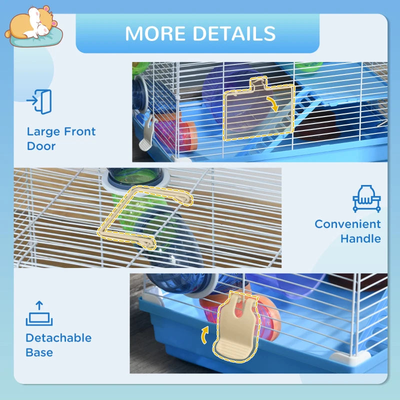 Blue 2-Tier Hamster Cage with Handle, Exercise Wheels, Tunnel, Water Bottle & Accessories for Dwarf Gerbils