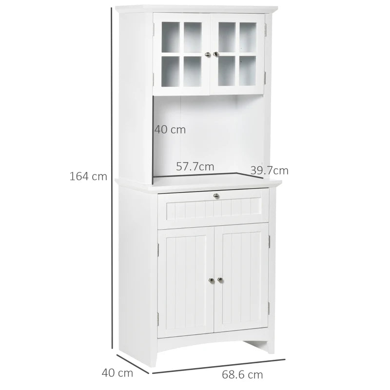 Stylish White Wooden Kitchen Cupboard with Glass Door, Drawer & Microwave Space - Perfect Storage Cabinet for Dining & Living Room