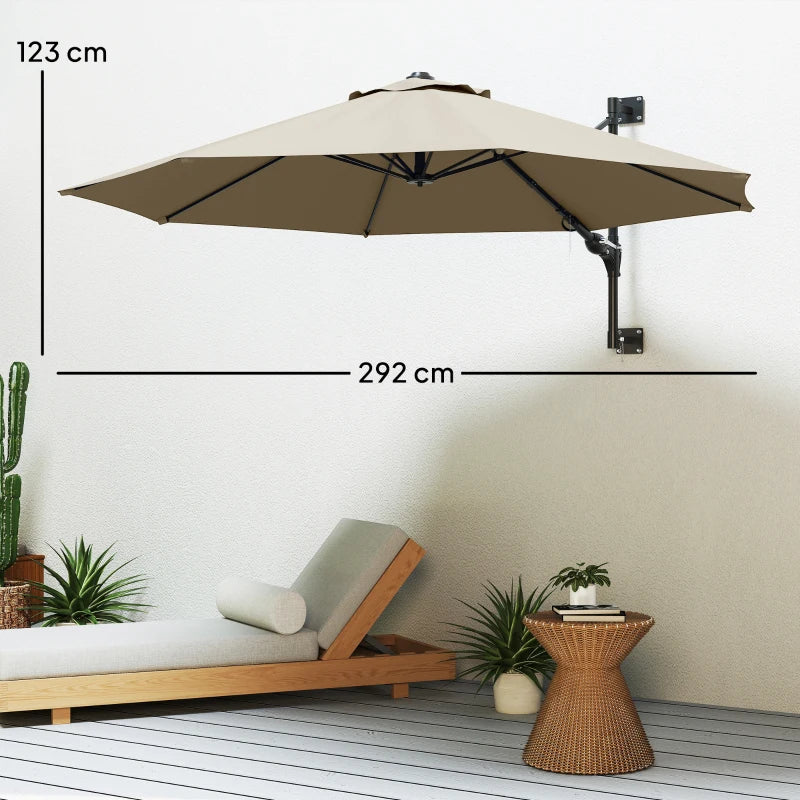 3m Wall-Mounted Parasol Shade with Handle - Outdoor Patio Umbrella in Khaki