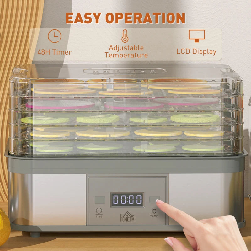 5-Tier Stainless Steel Food Dehydrator - 245W Adjustable Temperature & Timer, LCD Display for Fruits, Vegetables, Jerky & Pet Treats - Grey