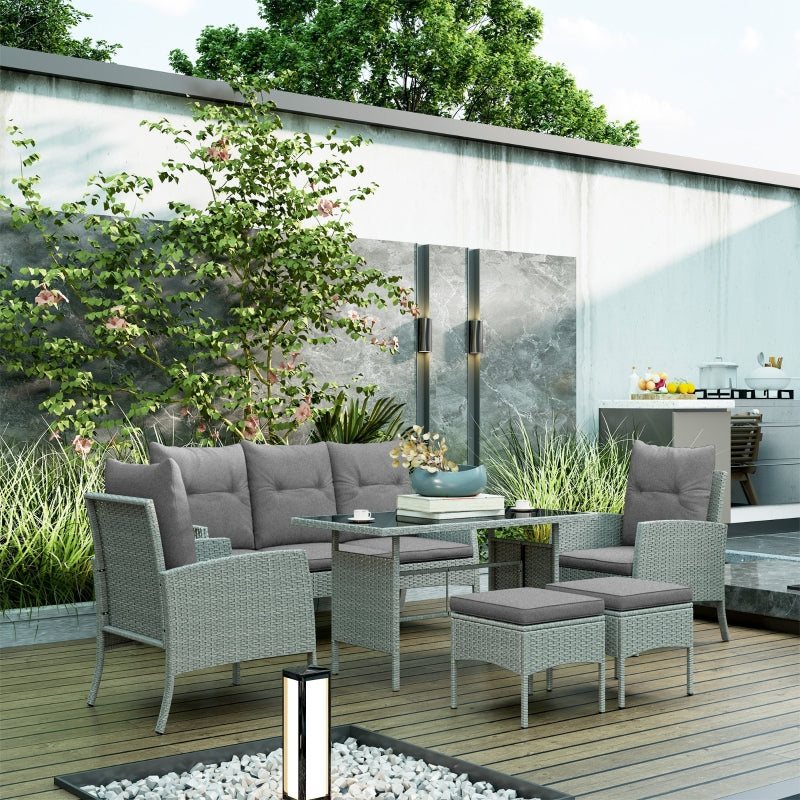 5-Seater Grey Rattan Garden Furniture Set - 2 Armchairs, 3-Seater Wicker Sofa, 2 Footstools & Glass Table - 6 Piece Patio Sofa Set with Cushions for Conservatory