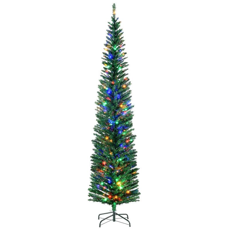7.5' Prelit Artificial Christmas Tree with Colorful LED Lights - Pencil Shape Holiday Decor with Durable Steel Base