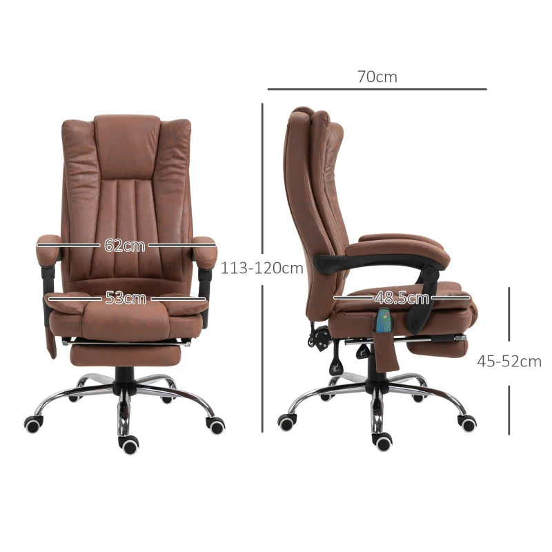Vinsetto Brown Office Chair with Massage & Heat, Reclining Microfibre Desk Chair with Footrest, Adjustable Height & Swivel Wheels