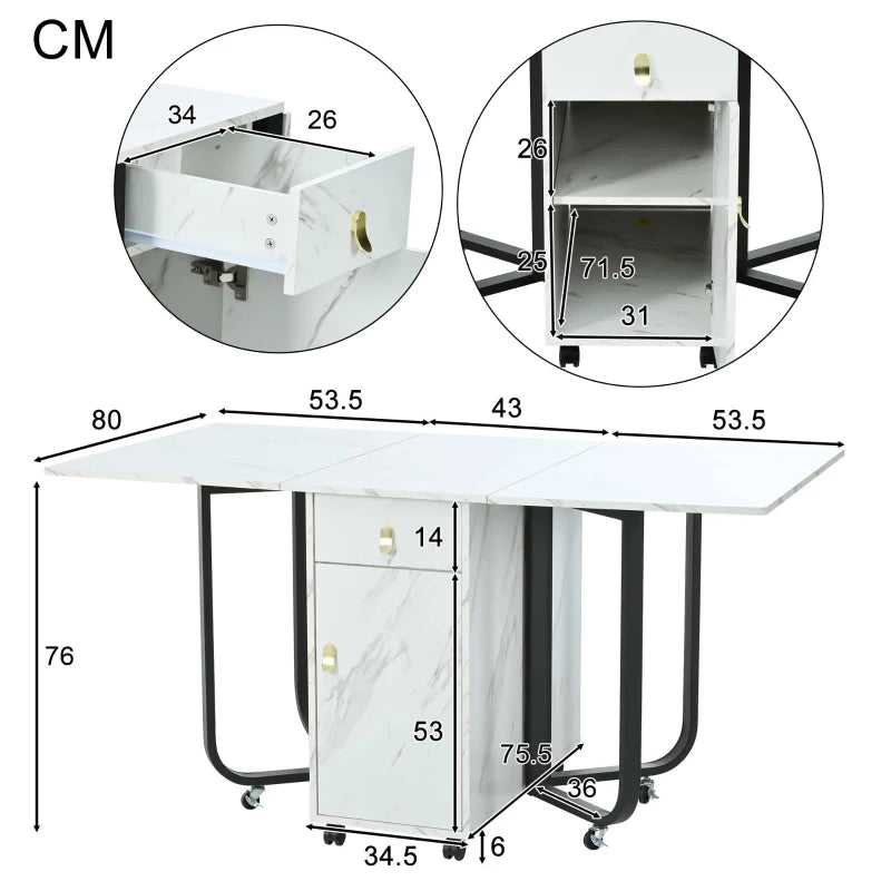 Folding Dining Table with Gold-Plated Handles - 3 Versatile Modes for Learning & Dining - Metal Frame - White/Black