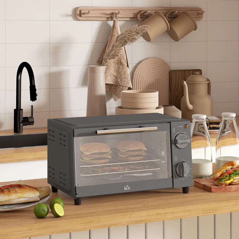 Compact 9L Mini Oven & Electric Grill - Adjustable Temp, Timer, Dishwasher Safe Tray, 750W, Grey Countertop Toaster Oven