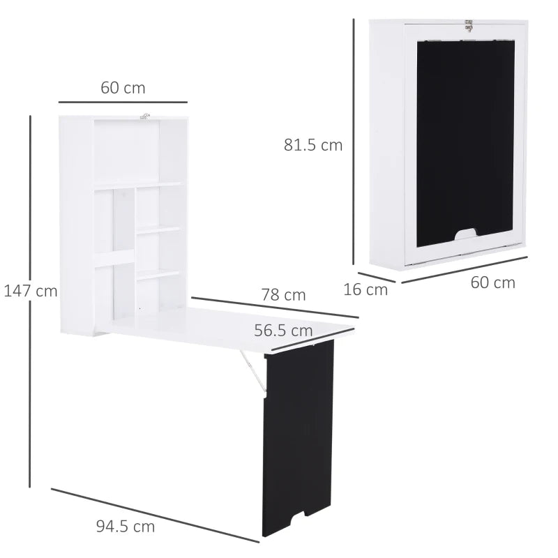 Folding Wall-Mounted Drop-Leaf Table with Chalkboard & Storage Shelf - Multifunctional Floating Desk for Home Office - White