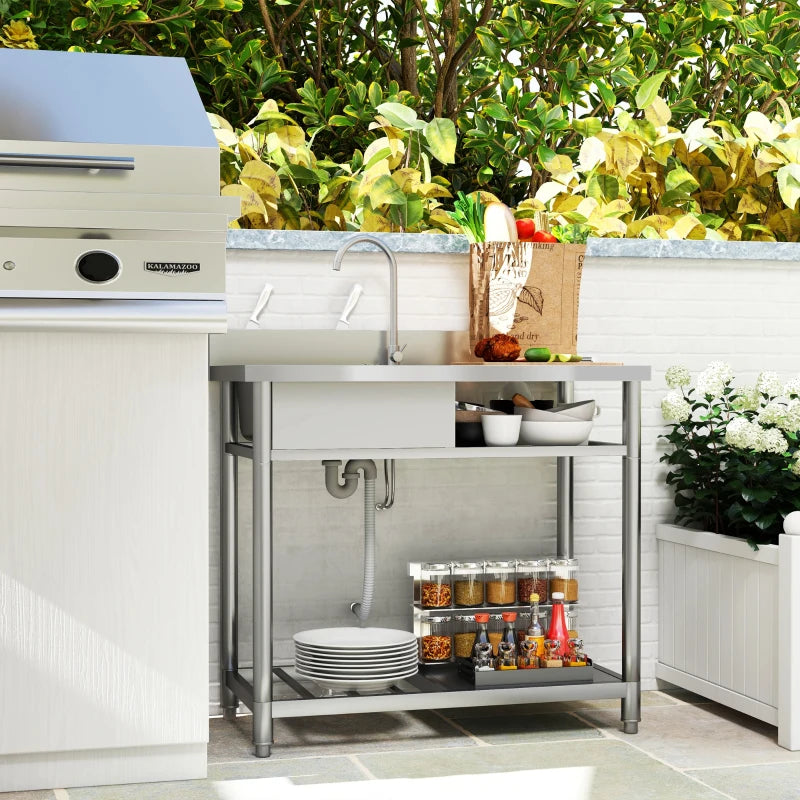 Outdoor Stainless Steel Kitchen Sink - Freestanding Single Bowl with Hot & Cold Water, Storage Shelves for Easy Access