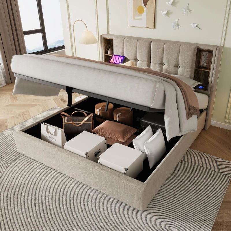 Upholstered Double Bed with Wireless Charging and Hydraulic Storage in Natural Linen Fabric