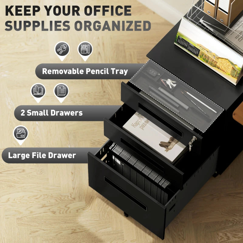 Vinsetto Black Three-Drawer Steel Filing Cabinet - Durable Office Storage Solution for Organizing Documents and Files