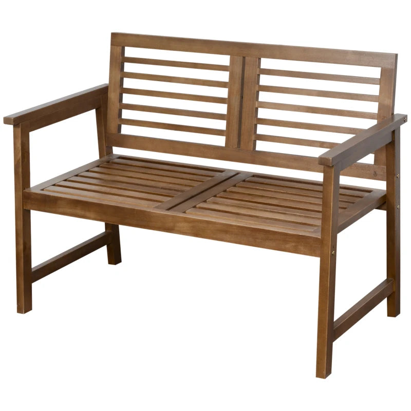 Brown Wooden Outdoor Patio Loveseat Bench with Backrest and Armrest