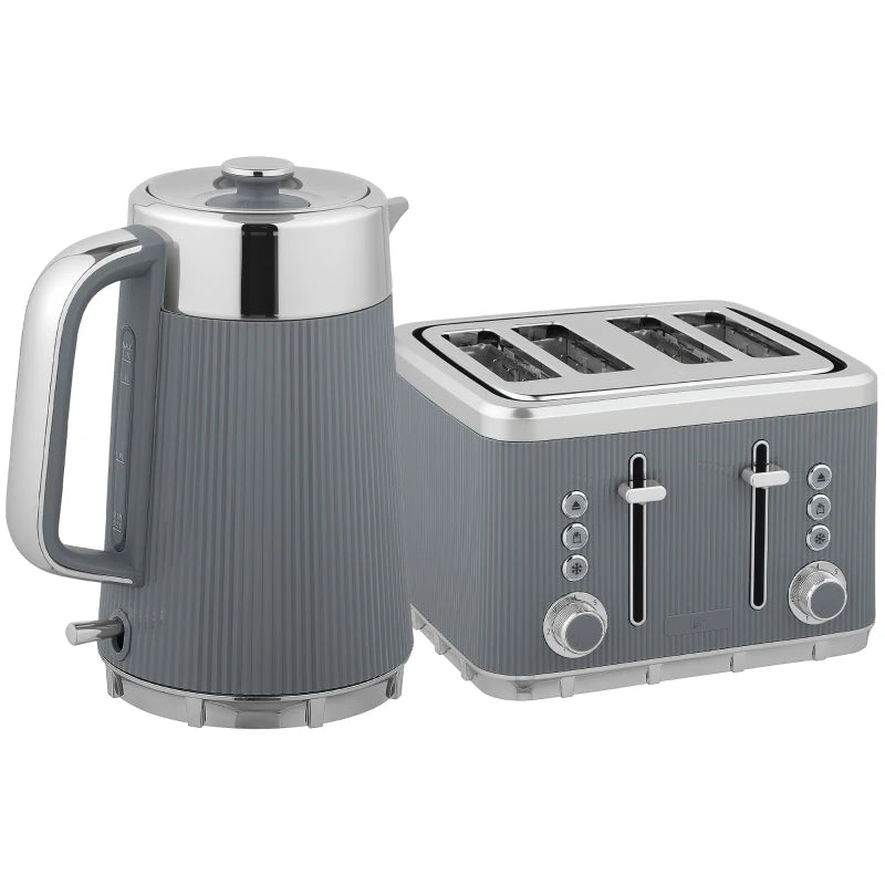 Electric Stainless Steel Kettle & Toaster Set - 3000W Fast Boil 1.7L Kettle with Strix Thermostat & 4 Slice Toaster, Grey