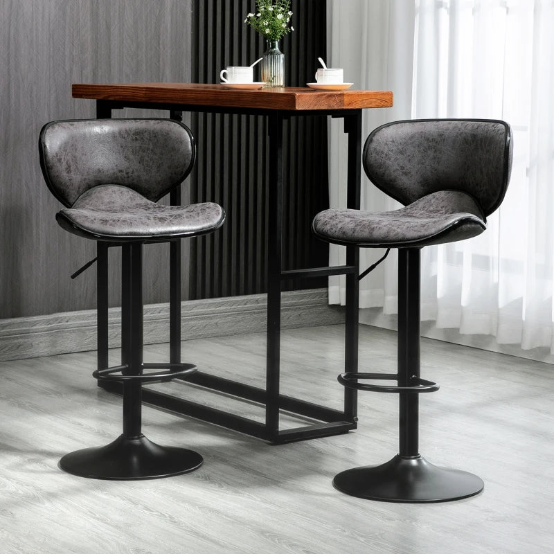 Set of 2 Adjustable Height Kitchen Stools - Leather Upholstered Dark Grey Bar Stools with Back (61-81cm)