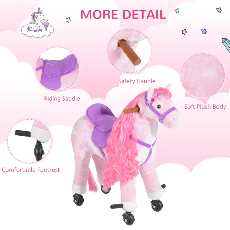 Plush Walking Horse Ride-On Toy with Wheels & Sounds - 50cm Pink Rocking Horse for Kids 2+ Years