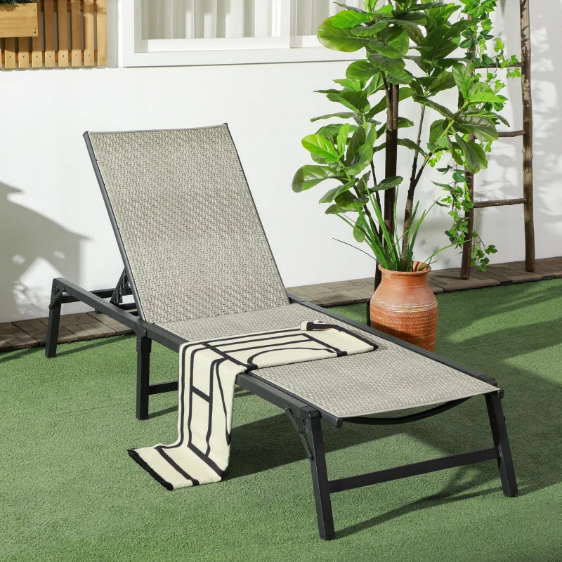 Foldable Rattan Sun Lounger - 5-Level Backrest, Recliner Chair (Mixed Grey)