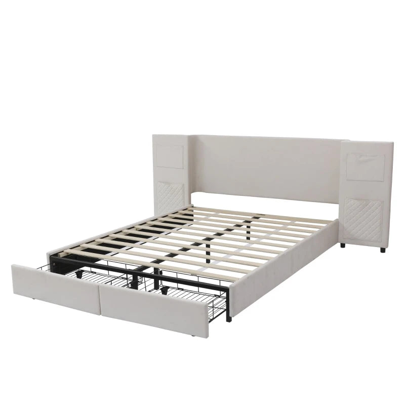 Beige Upholstered Double Bed Frame with Storage Drawers & Headboard Pockets - Velvet & Plywood, 229L x 222.5W x 87.5H cm