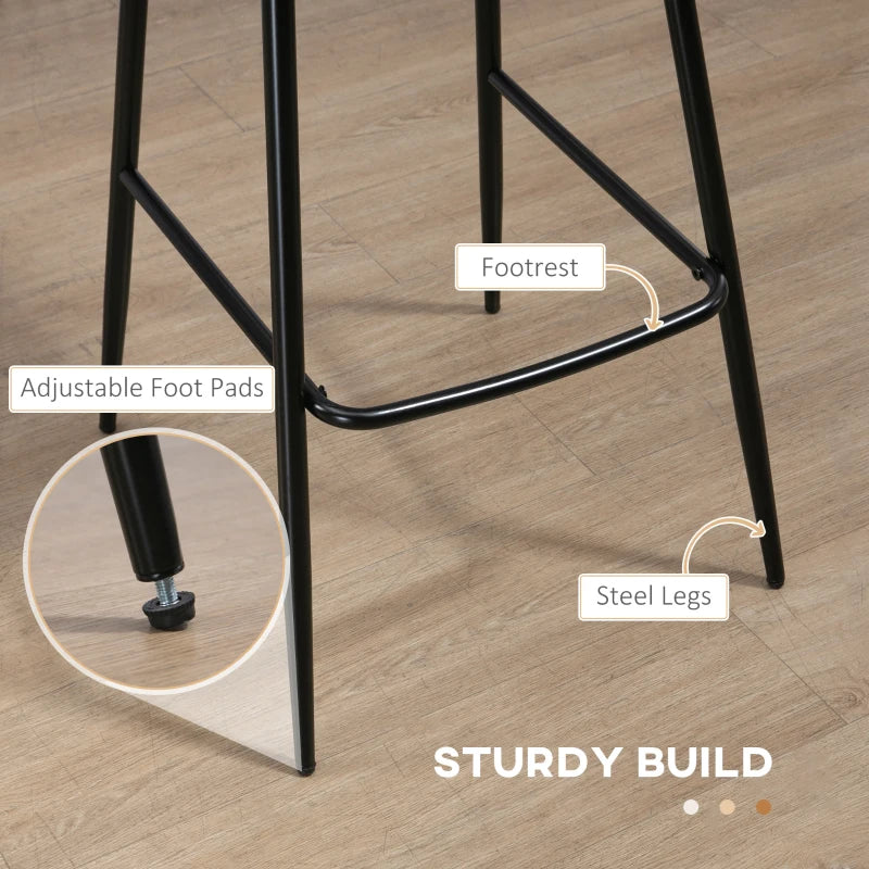 Set of 2 Brown PU Leather Bar Stools with Backs, Steel Legs & Footrests - Stylish Kitchen Counter Chairs