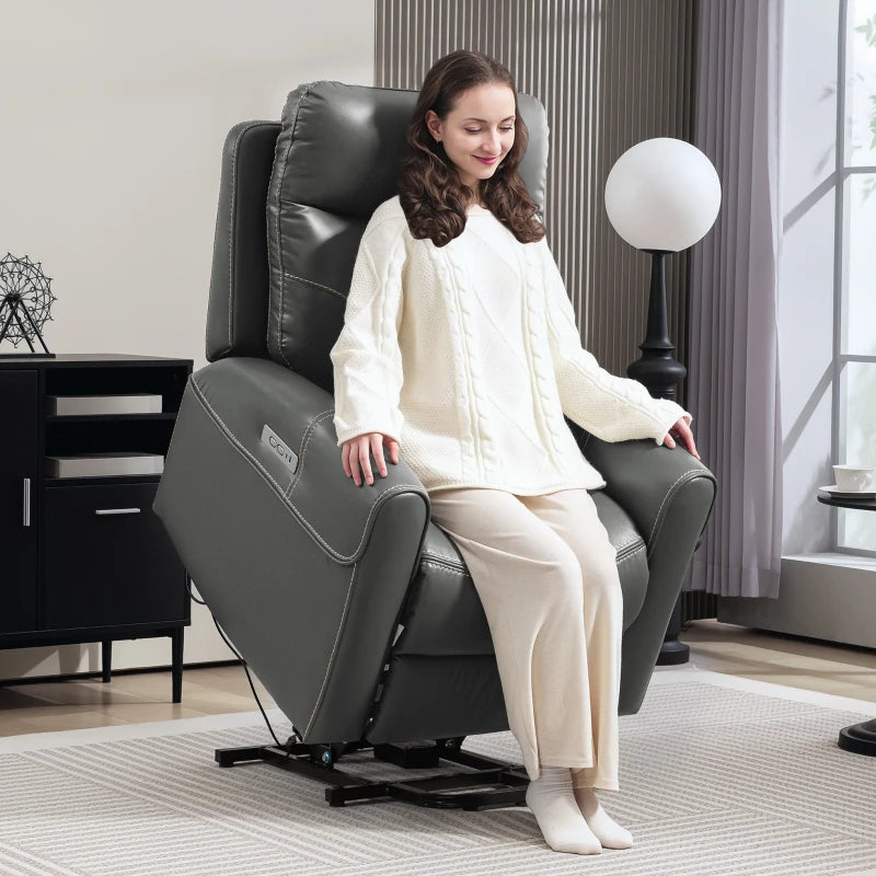 Power Lift Recliner Chair for Elderly - Overstuffed Faux Leather Armchair with USB Ports and Remote Control in Charcoal Grey