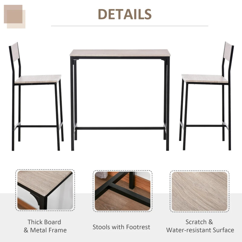 3-Piece Industrial Bar Table Set with 2 Stools, Footrest & Backrest - Perfect for Small Dining Spaces