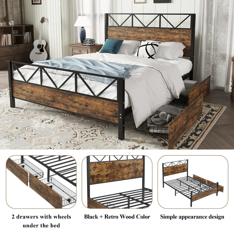 Sturdy Metal Double Bed with 2 Storage Drawers - Iron Frame & MDF, Black, 198L x 137W x 116H cm for Adults & Teens
