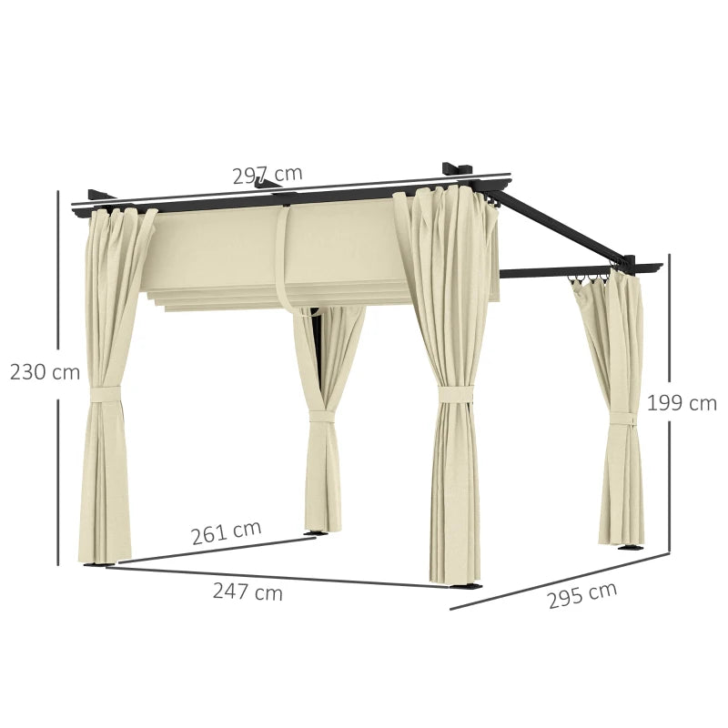 3 x 3 m Beige Retractable Roof Pergola with Curtains