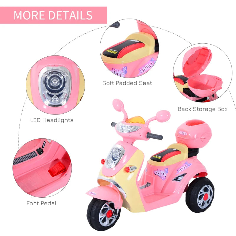 Kids Electric Ride On Toy Car - 6V Motorbike with Rechargeable Battery, Headlight & Music for Ages 3-5 - Pink