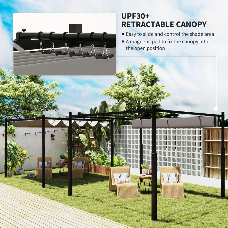 Grey 3m x 3m Retractable Garden Pergola with Magnetic Fixture