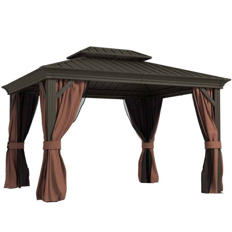 3m x 3.7m Dark Brown Outdoor Hardtop Gazebo Canopy with Aluminium Frame, 2-Tier Roof & Mesh Netting Sidewalls for Patio