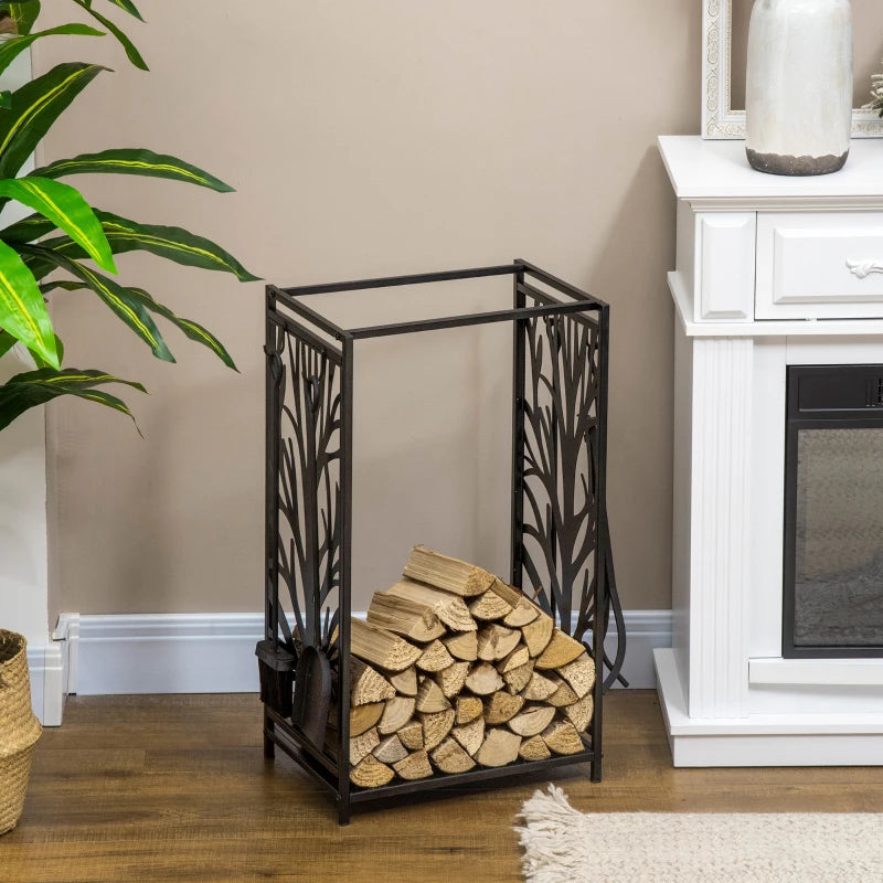 Steel Firewood Log Holder Rack with Tools - Indoor Outdoor Fireplace Wood Storage, Rust-Resistant, Tree Pattern, 46W x 30D x 70H cm
