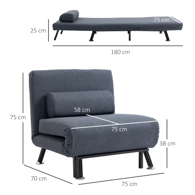 3-in-1 Convertible Sleeper Chair with Adjustable Backrest and Pillow for Living Room and Bedroom, Dark Grey Linen