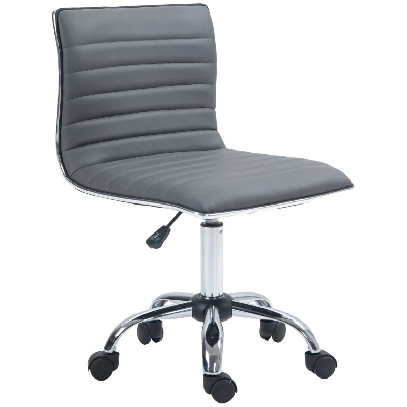 Armless Swivel Task Desk Chair - Adjustable Faux Leather Office Chair with Chrome Base & Wheels - Dark Grey