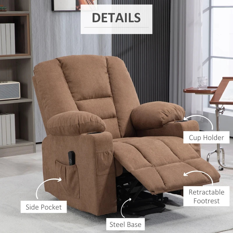 Oversized Riser Recliner Chair for Elderly - Fabric Lift Chair with Remote, Side Pockets, Cup Holder, Brown