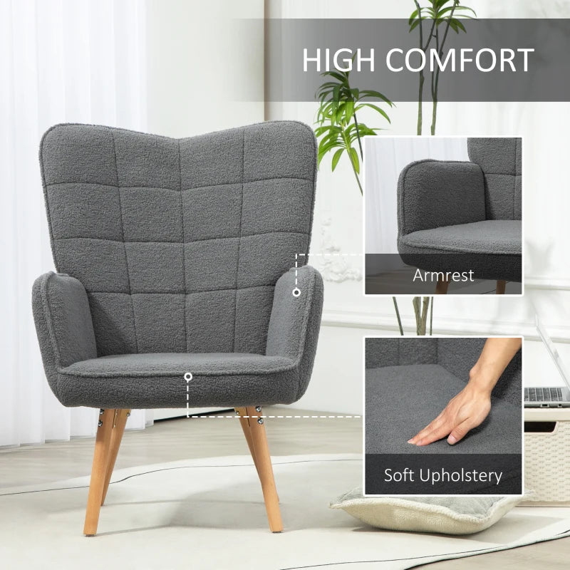 Grey Teddy Fleece Wingback Accent Chair for Stylish Living Room Decor