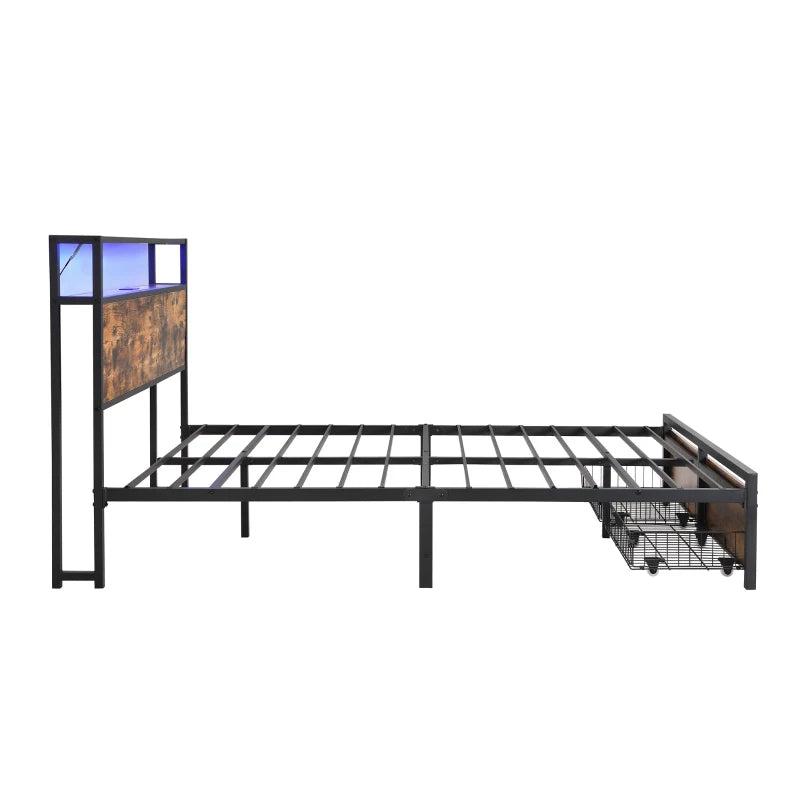 Metal Double Bed with LED Light Strip, 4 Drawers & 3 USB Ports - Black & Dark Walnut, 207.5x135x105 cm