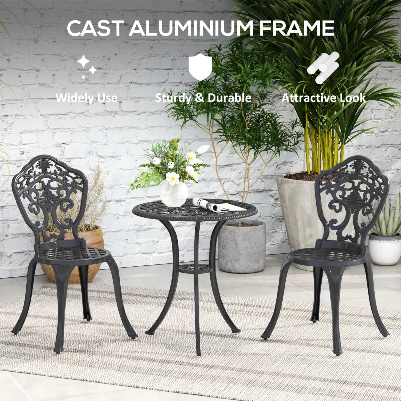 3 Piece Black Cast Aluminium Garden Bistro Set for 2 - Outdoor Coffee Table Set with Parasol Hole, Includes 2 Armless Chairs and Round Coffee Table for Balcony and Patio