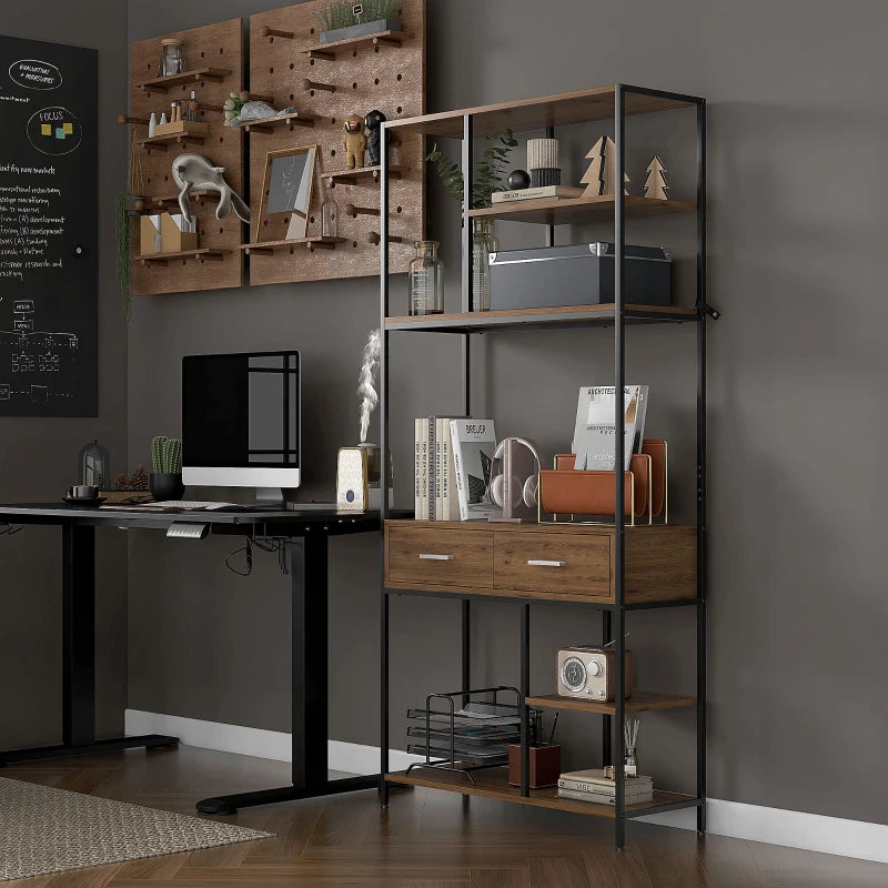 Industrial Seven-Shelf Display Shelf with Drawers - Stylish Brown and Black Storage Solution for Home or Office
