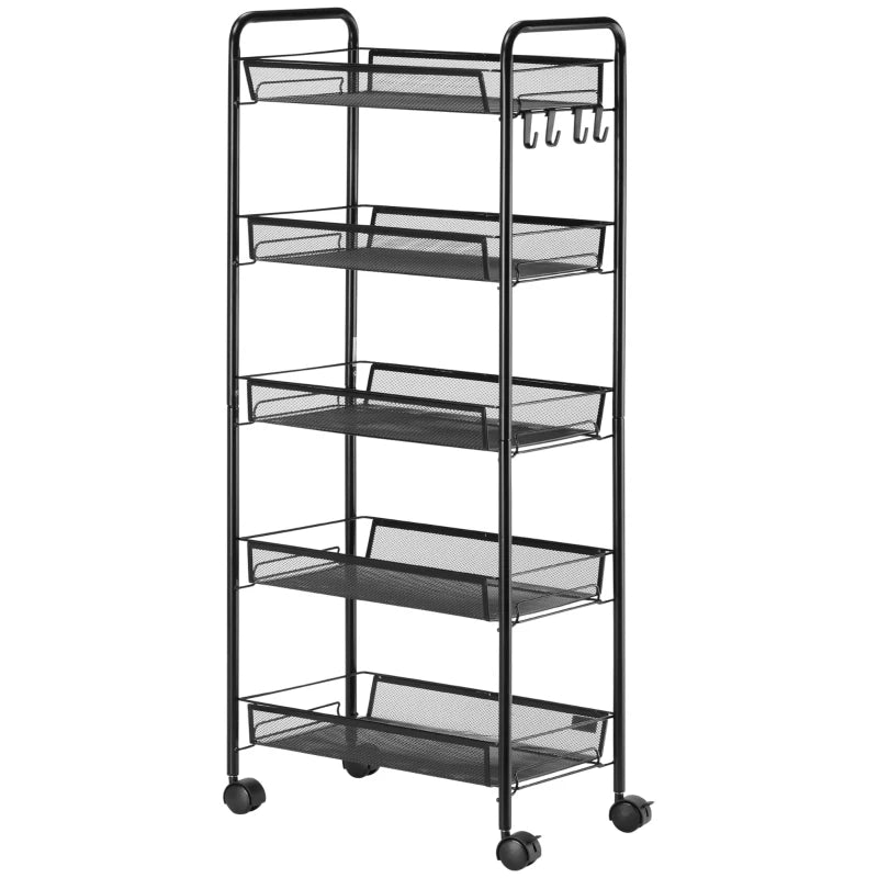 Five-Steel Mesh Storage Trolley with Wheels - Black Basket Organizer for Home, Office, and Kitchen
