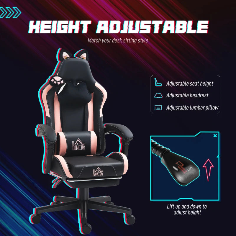 Cat Ear & Paw Reclining Office Chair with Footrest - Stylish Black & Pink Gaming Chair for Cat Lovers