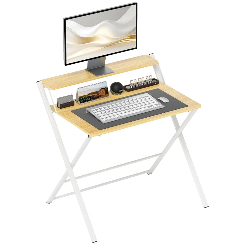 Compact Folding Desk for Small Spaces - Foldable Computer Desk with Storage Shelf, 2-Tier Writing Table, Maple Wood-effect, 86x66x82 cm