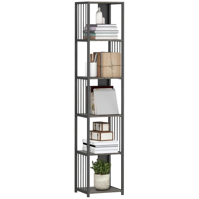 5-Tier Grey Bookshelf with Durable Steel Frame - Modern Storage Solution for Home or Office