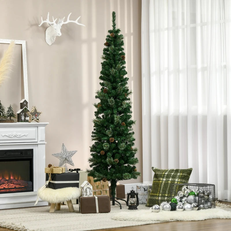 6.5FT Tall Pencil Slim Artificial Christmas Tree with Realistic Branches, Pine Cones & Needles - Perfect Xmas Decoration