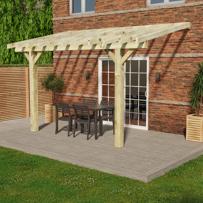 Wooden Lean-To Pergola with Open Slat Roof - Outdoor Garden Pergola Structure