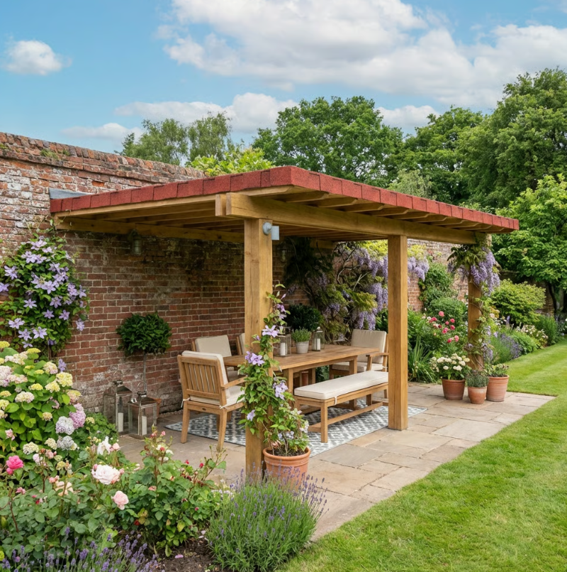 Ruby Oak Lean-To Gazebo with Katepal Red Shingle Roof