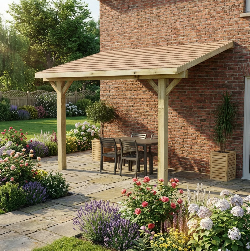 Wooden Lean-To Gazebo with Cedar Shingle Roof – Space-Saving Garden Shelter