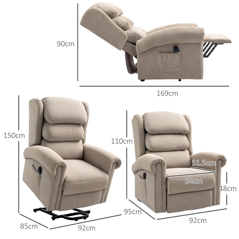 Velvet Electric Riser Recliner Chair for Elderly with Remote Control, Side Pockets and Thick Padded Back in Khaki