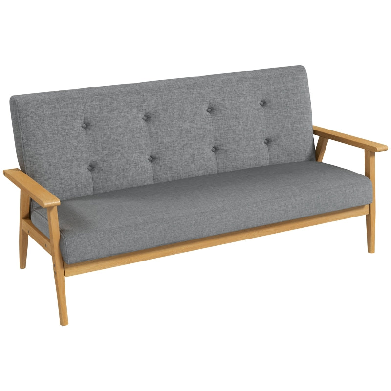 Modern 3-Seater Sofa in Dark Grey Linen Fabric with Tufted Design and Rubberwood Legs for Living Room